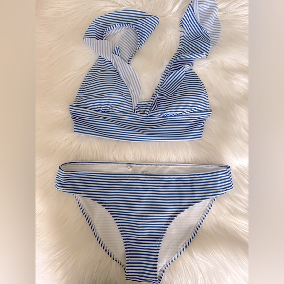 Aerie Ruffle Triangle Bikini Top and Low Rise Bottom in Blue Stripe - Picture 1 of 4